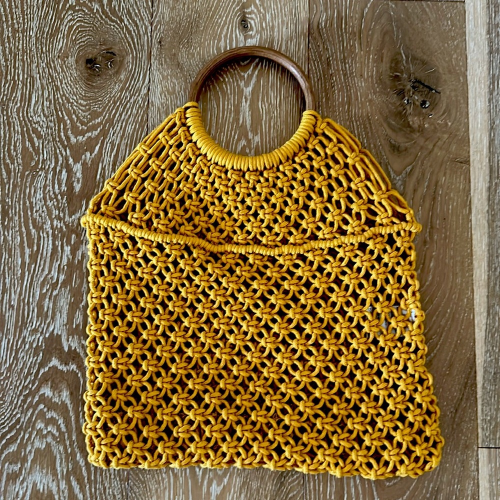 New! CROSSI NEW YORK Mustard yellow boho crochet handbag with wooden handles.